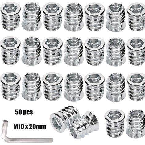 Lot de 50 écrous à visser en bois M10 x 20 mm - Douille filetée avec bord de recouvrement - 1 clé hexagonale - Insert fileté en acier galvanisé (1/5)