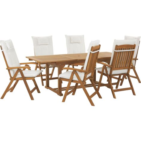 Set de Jardin Table et 6 Chaises en Bois d'Acacia Clair Coussins Blanc Cassé Java