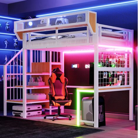 DESVIAE Lit mezzanine en métal avec bureau étagères filets de rangement armoire échelle sécurisée garde corps surélevé éclairage LED prises intégrées 90 x 200 cm blanc (1/5)