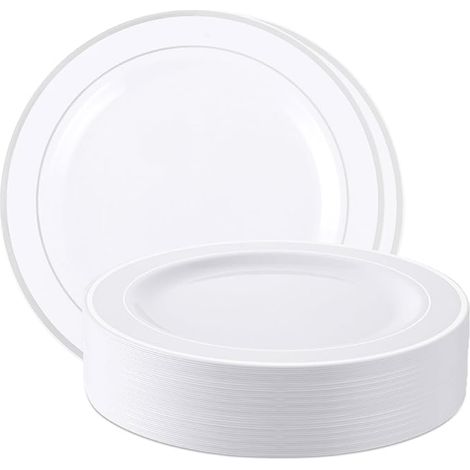 assiettes en plastique blanches de 26 cm - Réutilisables - de fête - (blanc (1/5)
