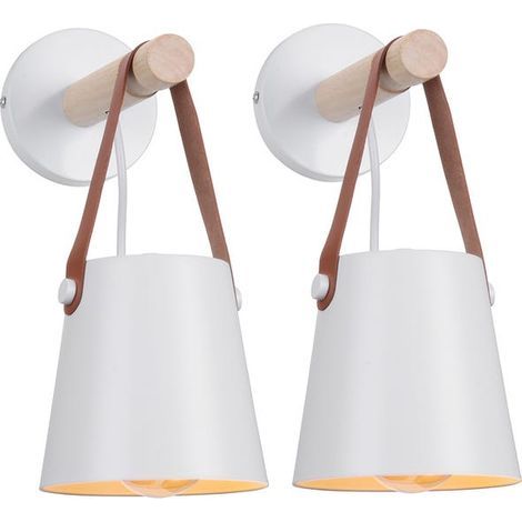Lot de 2 Applique murale en bois naturel abat-jour suspendu ceinture e27 douille luminaire pour couloir chambre à coucher salon, blanc (sans ampoule) (1/5)