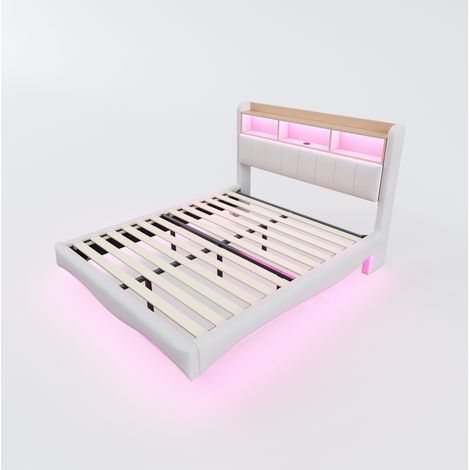 Cama tapizada 140 x 200 cm beige con LED, puertos USB y Type C, diseño flotante MODENUIT (1/5)