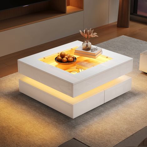 Quadratischer Couchtisch 70 cm, mit Glasplatte, 3 Stauraumschubladen und LED-Beleuchtung - Moderner Couchtisch, ideal für kleine Räume - Weiß (1/5)