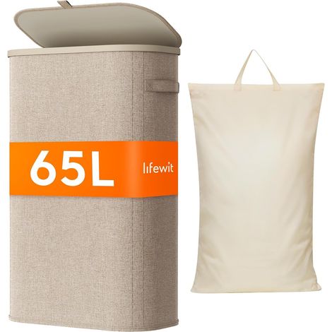 Panier Linge Sale, Bac Linge avec Couvercle, Corbeille Linge avec Plastique Poignées et Sac Linge, Laundry Basket pour Buanderie, Chambre, Salle de Bain, 65 L, Beige (1/5)