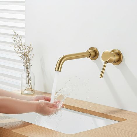 Wall-Mounted 360° Rotating Bathroom Tap for Bathtub and Washbasin, Wall-Mounted Washbasin Faucet, Modern Design, Brushed Gold (1/5)