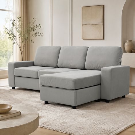DESMIU Canapé d'angle réversible avec coffre de rangement, Tissu polyester, Gris clair (1/5)