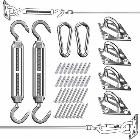 Kit de Fixation Voile d'Ombrage - Acier Inoxydable 304 - Pour Triangle Carré Rectangle - Résistant à la Rouille - 2 Tendeurs Réglables - 4 Illets Diamant - 2 Mousquetons - 16 Vis