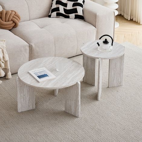 Wokaka Table basse - Lot de 2 table basse Ronde - pour Salon - Travertin gris - MDF - D70/50 H41/50cm (1/5)