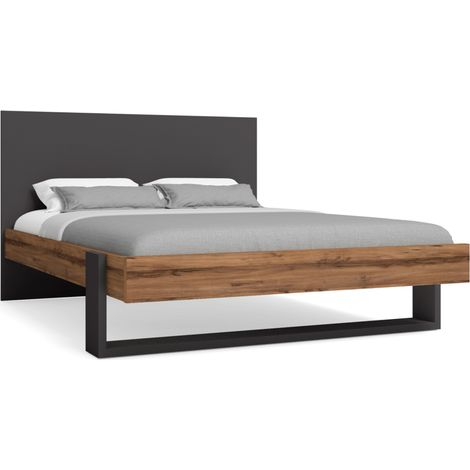 Lit adulte en mélamine coloris noyer, ardoise - Longueur 208 x Profondeur 168,50 x Hauteur 95 cm -PEGANE- (1/2)
