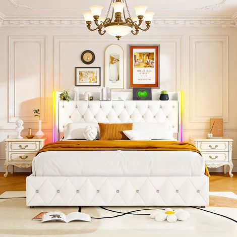 Lit Coffre 140 x 200 cm, avec éclairage LED et Charge USB, Lit Double Rembourré avec Rangement et Tete de lit, Velours, Blanc