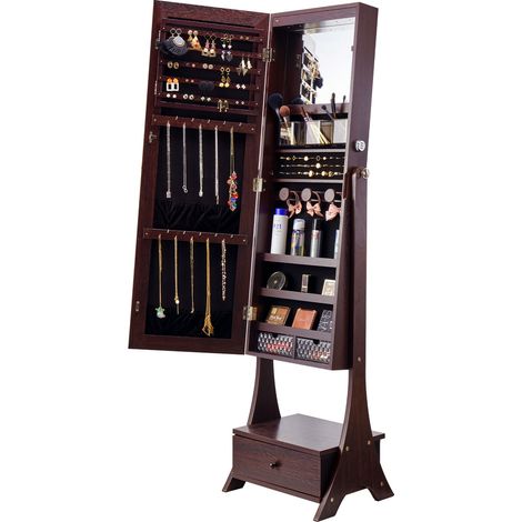 Armoire à Bijoux avec Miroir Pleine Longueur, Organisateur de Bijoux sur Pied avec Rangement, Meuble de Rangement pour Bijoux Verrouillable, Doublure en Velours, LED Intérieur, Tiroir, Marron (1/5)