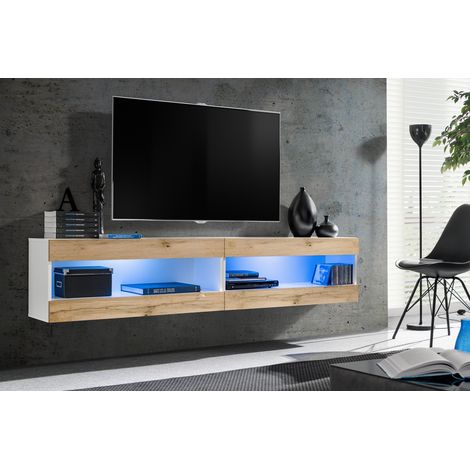Komodee, Ensemble de Meubles Tivoli SET4,Blanc/Wotan, Largeur 200cm x Hauteur 41 cm x Profondeur 35 cm, LED Bleu, pour Salon, Chambre à coucher