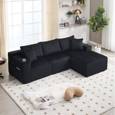 Sofá modular con chaise longue y 2 plazas de pana negra DESVIAE (1/5)