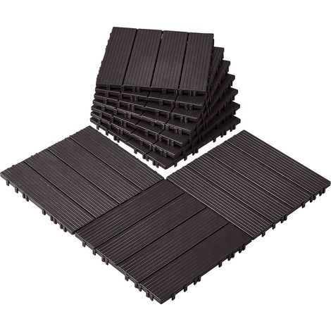 VEVOR Dalles de Terrasse Emboitables, Lot de 10, Revetement de Sol Plastique Impermeable, 300x300 mm, 9290 c㎡, Utilisation par Tous les Temps, pour Porche, Piscine, Balcon, Arriere-cour, Marron Fonce