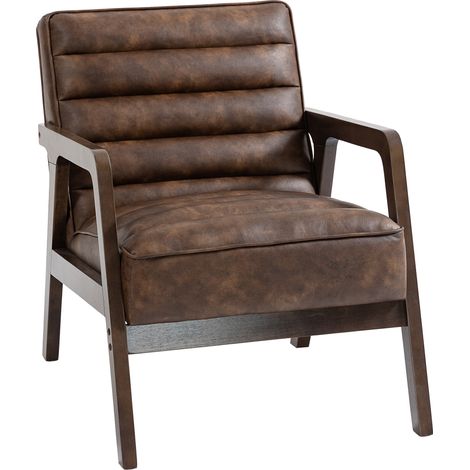 Lounge-Sessel mit PU-Polsterung, breite Sitzfläche und dickes Kissen, Gestell aus massivem braunem Holz, bequemer Akzentstuhl für Wohn- und Schlafzimmer.