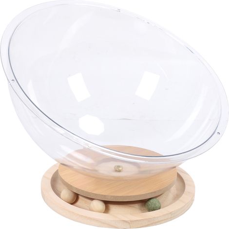 Lit surélevé pour chat en forme de capsule spatiale, en acrylique transparent avec plateau tournant en bois et circuit de balles à l'herbe à chat. Idéal pour dormir et jouer. (1/5)