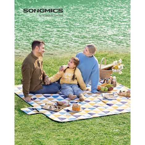 SONGMICS Coperta Picnic, 200 x 150 cm, Grande Telo da Campeggio, Parco, Giardino, Esterno, Spiaggia, Strato Impermeabile, Pieghevole, Motivo Triangolare Giallo e Blu GCM07S (1/5)