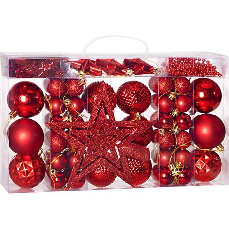Lot de 66 boules de Noël Décorations pour sapin en plastique robuste Décoration de Noël intérieur extérieur Rouge (1/4)