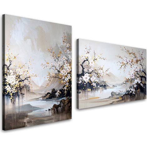 Set de tableaux sur toile  Paysage japonais cerisiers beige 2 x 20x30
