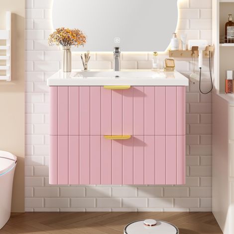 Meuble salle de bain suspendu avec lavabo, espace de rangement à double niveau, lavabo en céramique, design compact, Rose (1/5)