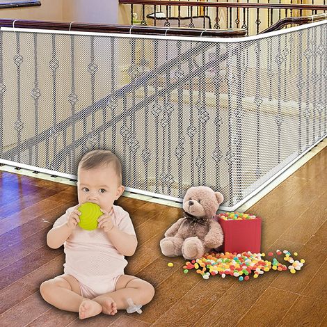 Filet de protection escalier - Barrière de sécurité bébé - Garde-corps balcon - 3m x 0,8m - Filet anti-chute pour enfant, petit animal, jouets - Intérieur et extérieur (Blanc) (1/4)
