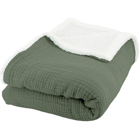 Plaid - COTE DECO - 130x170 - Vert Kaki - Gaze de Coton - Sherpa - Certifié OEKO-TEX