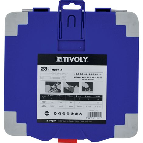 Tivoly • Valigetta 23 PZ 6 Maschi DIN 352 HSS GUN + 6 Filiere HSS + 4 Accessori da M3 a M10 + 6 Punte per metallo HSS Cobalto