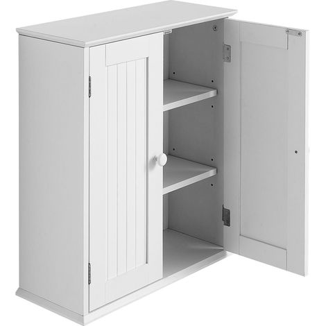 Mophorn Badezimmer-Wandschrank mit 3 Ebenen, 2 Türen und verstellbaren Regalen, ideal zur Wandmontage über der Toilette oder als Hängeschrank für Küche und Bad in Weiß.