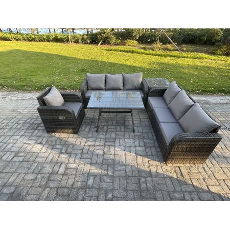 Fimous Garten Sofa im Freien Set Polyrattan Gartenmöbel Set mit Rechteckiger Esstisch Liegestühle Beistelltisch Dunkelgrau Gemischt (1/5)