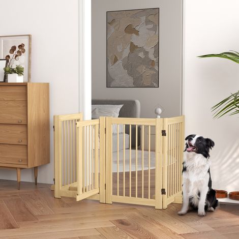 Barriera per cani 204x36x75cm 4 pannelli modulari serratura inclusa legno naturale per corridoi, cucine e scale (1/5)