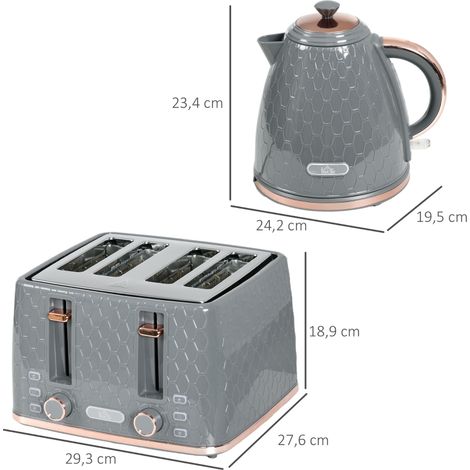 Ensemble petit-déjeuner 2-en-1, toaster et bouilloire électrique, fonctionnalités multiples, capacité 1,7 L, grille jusqu'à 4 tranches, matière plastique, couleur gris (1/5)