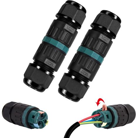 Paquete de 2 conectores eléctricos impermeables IP68 - Conector impermeable de 3 pines para cable de diámetro Ø9-12 mm, caja de conexiones impermeable para exteriores para jardín y cable subterráneo (1/3)
