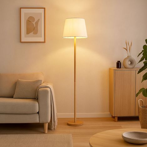 Stehleuchte Textil weiß Standlampe Holzoptik Wohnzimmerleuchte stehend, Metall, E27 Fassung, DxH 35x151 cm