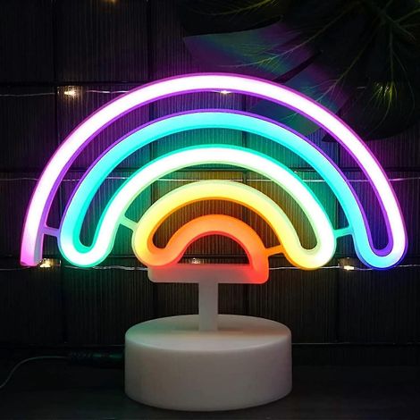 Enseigne lumineuse LED arc-en-ciel, veilleuse néon arc-en-ciel avec socle, lampe de bureau néon LED arc-en-ciel à piles. (1/5)