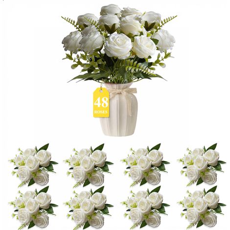 48 Fleurs Blanc Roses Artificielles Longue Tige Décoration Mariage (1/5)