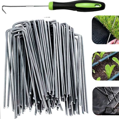 50 agrafes de jardin galvanisées, piquets de jardin de calibre 11, pour fixation de toile anti-mauvaises herbes, avec 1 crochet (1/5)