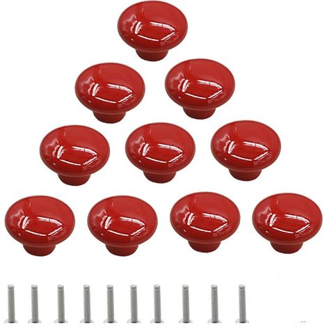 Set mit 10 runden, roten Keramik-Schrankknöpfen mit einem Loch für Schubladen, Schränke, Kommoden und Türen (1/5)