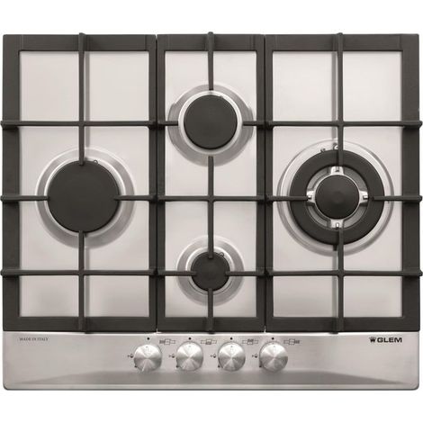 Glem Gas GT645HIX. Colore del prodotto: Acciaio inox, Posizionamento dell'apparecchio: Da incasso, Dimensione della larghezza del piano cottura: 60 cm. Bruciatore piccolo: 1000 W, Bruciatore medio:...
