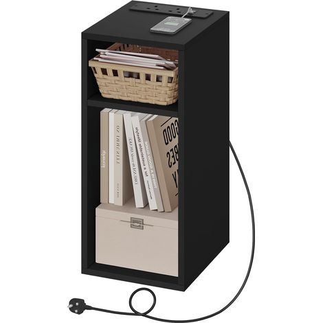 WOLTU 1x comodino con prese di ricarica, 2 porte USB, 2 prese, 2 scomparti aperti, tavolino portaoggetti, nero (1/5)