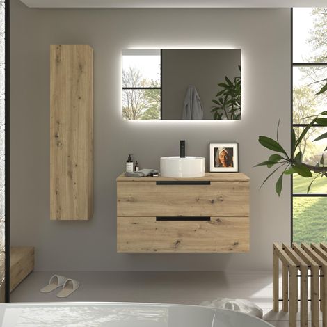 Mueble de Baño LENI 100cm Roble 2 cajones Lavabo sobre encimera 1 poza Porcelana (1/5)