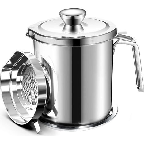 Oil Pot de graisse pour bidon de stockage en acier inoxydable avec bidon de 2 litres en Couvercle anti-poussière pour tamis à mailles fines Plaque antidérapante stockage d'huile de friture (1/5)