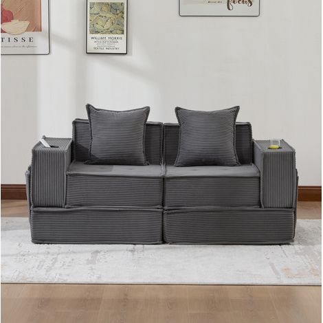2-Sitzer-Sofa Cord Dunkelgrau 162 cm mit Seitentaschen und 2 Kissen (1/5)