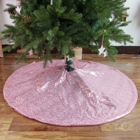Jupe de sapin brodée à sequins, décoration de Noël dorée, tapis de sol, jupe de sapin à sequins rose, 90 cm
