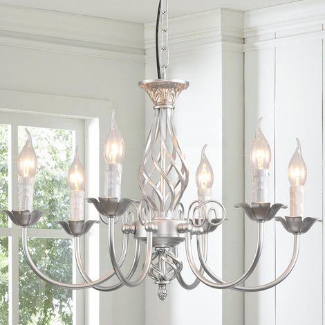 Ganeed French Country Chandeliers,Rustic Pendant Chandelier,Silver Vintage Height Adjustable Candle Wrought Iron Chandelier,6 Lights Farmhouse Pendant Light Fixture for Kitchen Dining Room Living Room (1/5)