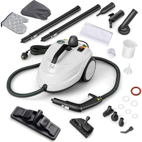 Nettoyeur vapeur blanc 2000W avec 15 accessoires, réservoir 1.8L et roues, verrouillage de sécurité pour maison, sols et vitres