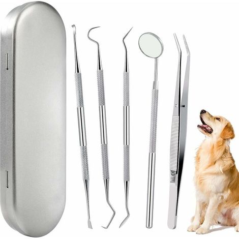 5 pezzi con scatola - Kit per la pulizia dei denti del cane, strumenti orali in acciaio inossidabile, strumenti per la pulizia dei denti degli animali domestici. (1/5)