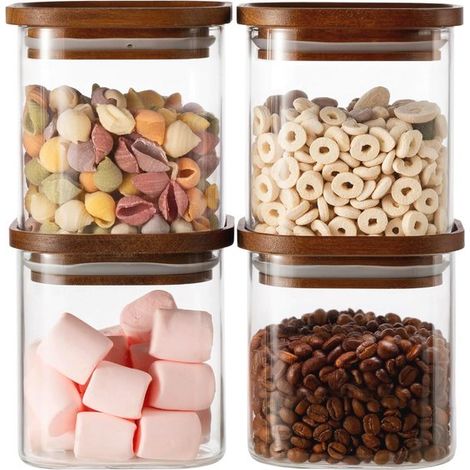 Juego de 4 tarros de almacenamiento (800 ml) con tapas de madera，Recipientes herméticos de vidrio de borosilicato (1/5)