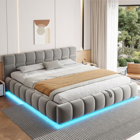 Lit double capitonné 180x200 cm, sommier hydraulique avec rangement, tête de lit et côtés rembourrés au style généreux, garniture en velours gris, éclairage LED intégré, robuste et moderne. (1/5)