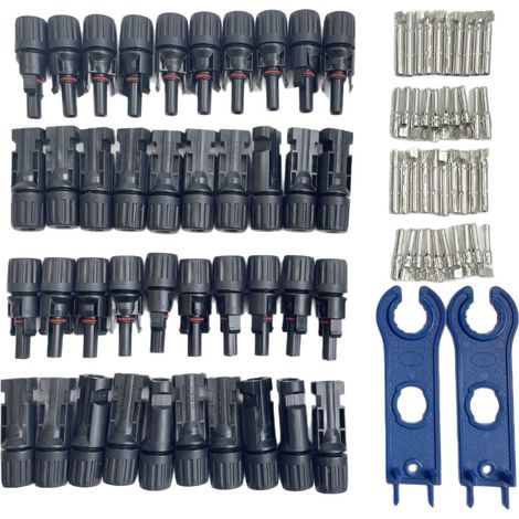 Fiches mâles et femelles MC4 (20 jeux) + jeu de clés pour panneaux solaires et connecteurs photovoltaïques (1/4)