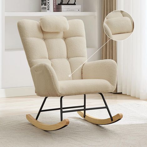 IDEALHOUSE Fauteuil à Bascule Dossier Haut Ergonomique Confort Tissu polaire ultra-doux, mousse haute densité, base bois massif - Camel color (1/5)